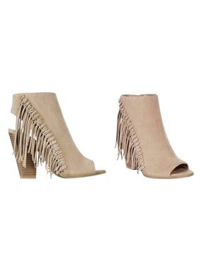 Rampage Lauryn Fringe Peep Toe Ankle Booties Zipper Neutral Beige Sz 8